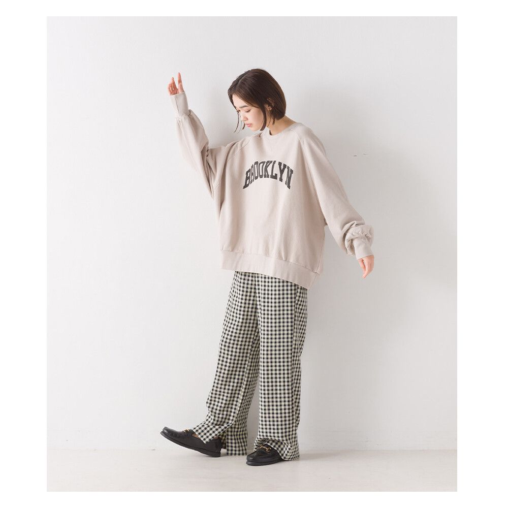 日本 OMNES - 100棉 圓領寬鬆長袖大學T-英文LOGO-淺米杏