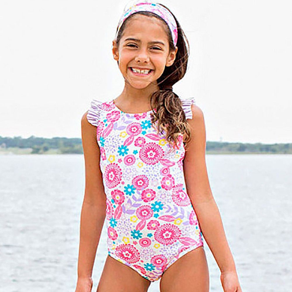 美國 RuffleButts - 小女童無袖連身泳裝-淡紫花園