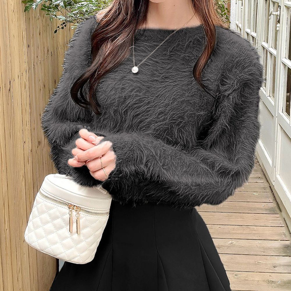 華麗毛茸茸短版針織上衣-炭灰 (F)