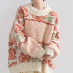 日本 Lupilien - 毛茸感華麗大花朵針織上衣-白x橘粉