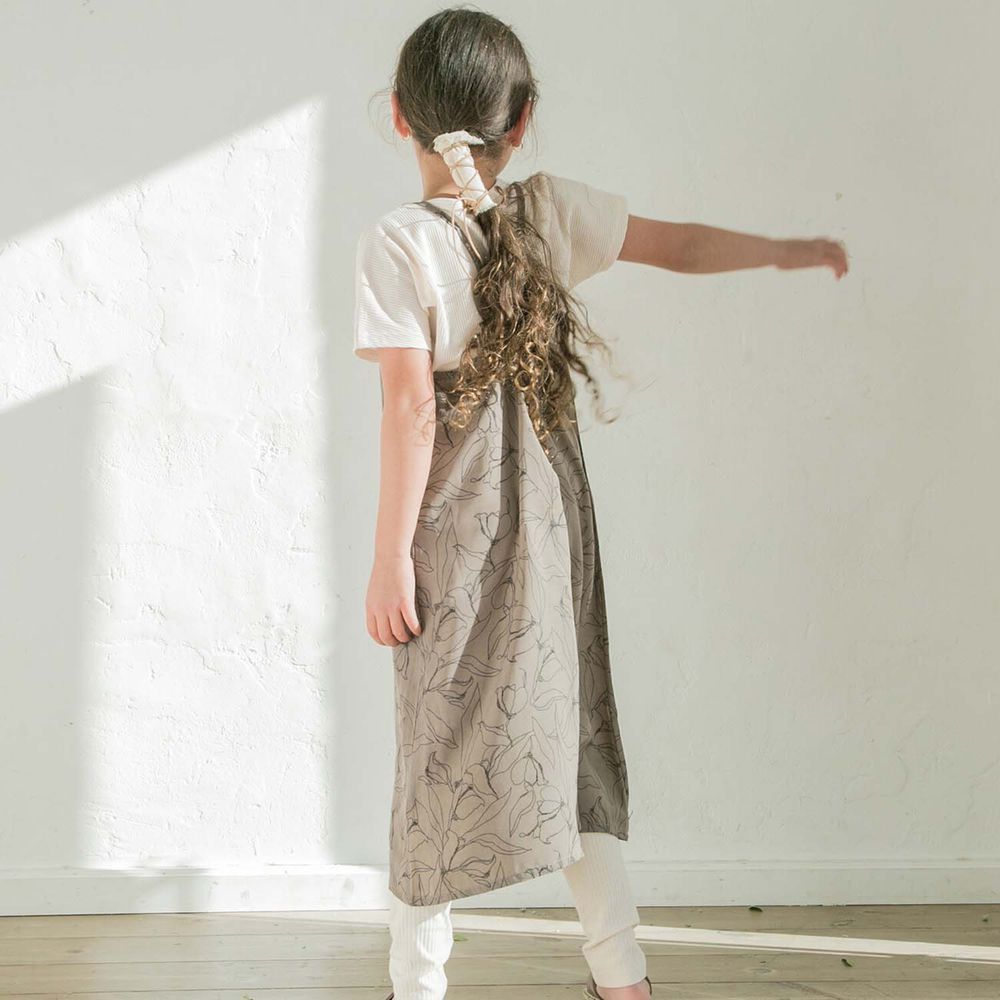 日本 PAIRMANON - 假兩件細肩帶背心短袖洋裝(孩子)-花朵線條-橄欖