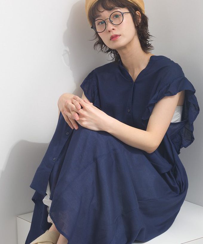 日本 Lupilien - 嫘縈混紡開襟柔軟荷葉短袖洋裝-黑白花草