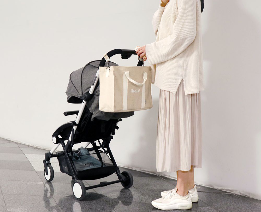 韓國 Conitale - 大容量多隔層媽媽包/推車收納袋-線條杏 (35X28X15cm)