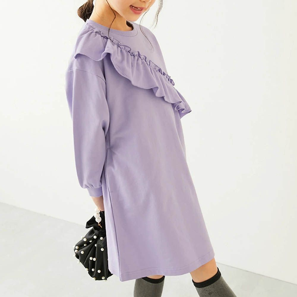 純棉甜美花邊縮口長袖洋裝-胸前荷葉-紫