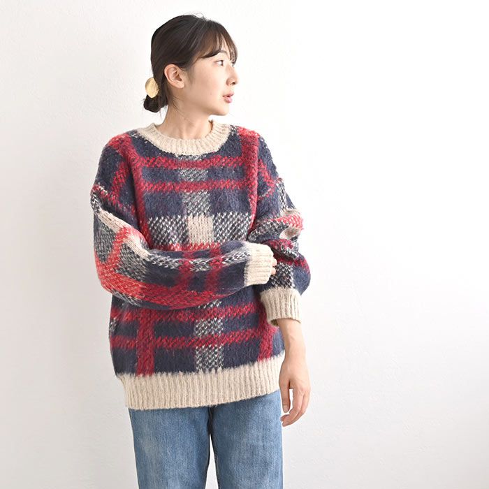 日本 ihuu - 大格紋俏皮針織毛衣-淺黃灰