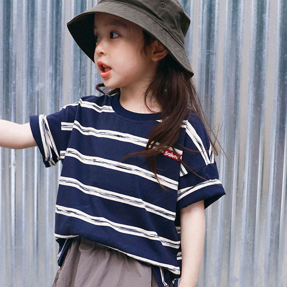 純棉圓領短袖上衣-設計款條紋-藏青