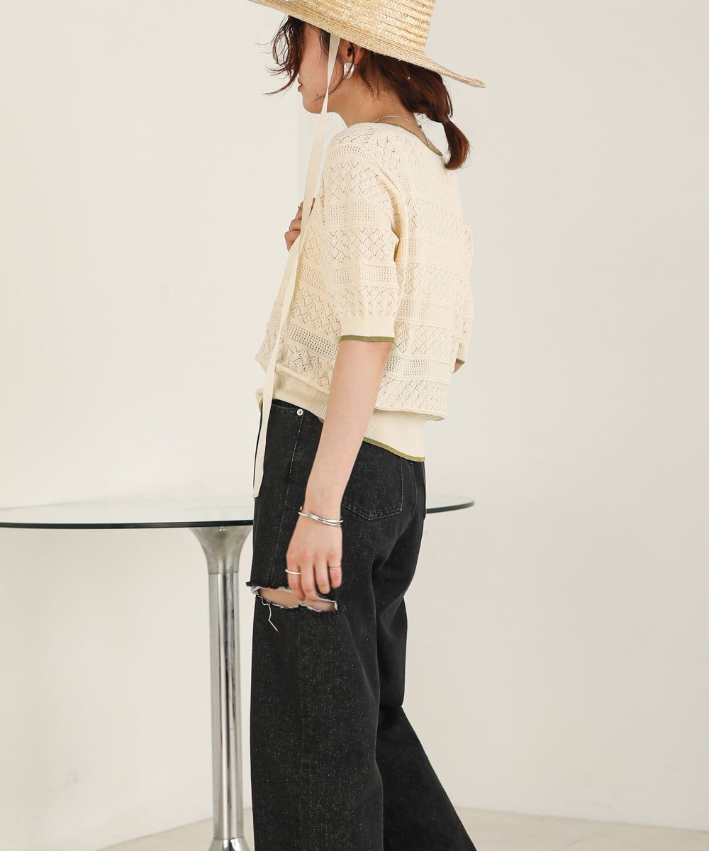 日本 Bab - 清新滾邊撞色針織上衣-淺黃