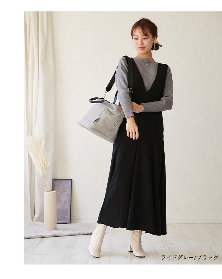 日本 LIZDAYS - 撥水加工 2WAY大容量尼龍托特包-皮革拼接-黑x焦糖棕 (27x45x24cm)