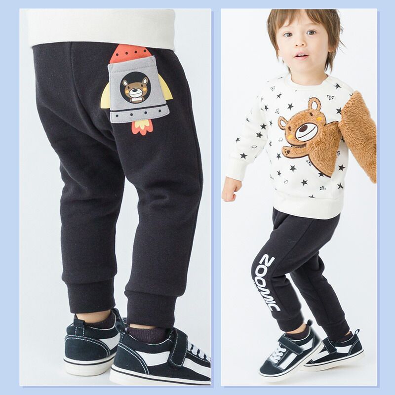 日本 ZOOLAND - 裏起毛印花束口長褲-小熊火箭-綠