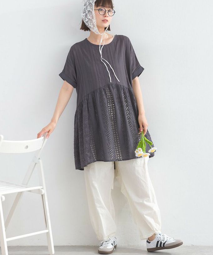 日本 Lupilien - 100%印度棉 柔美緹花長版短袖上衣-白