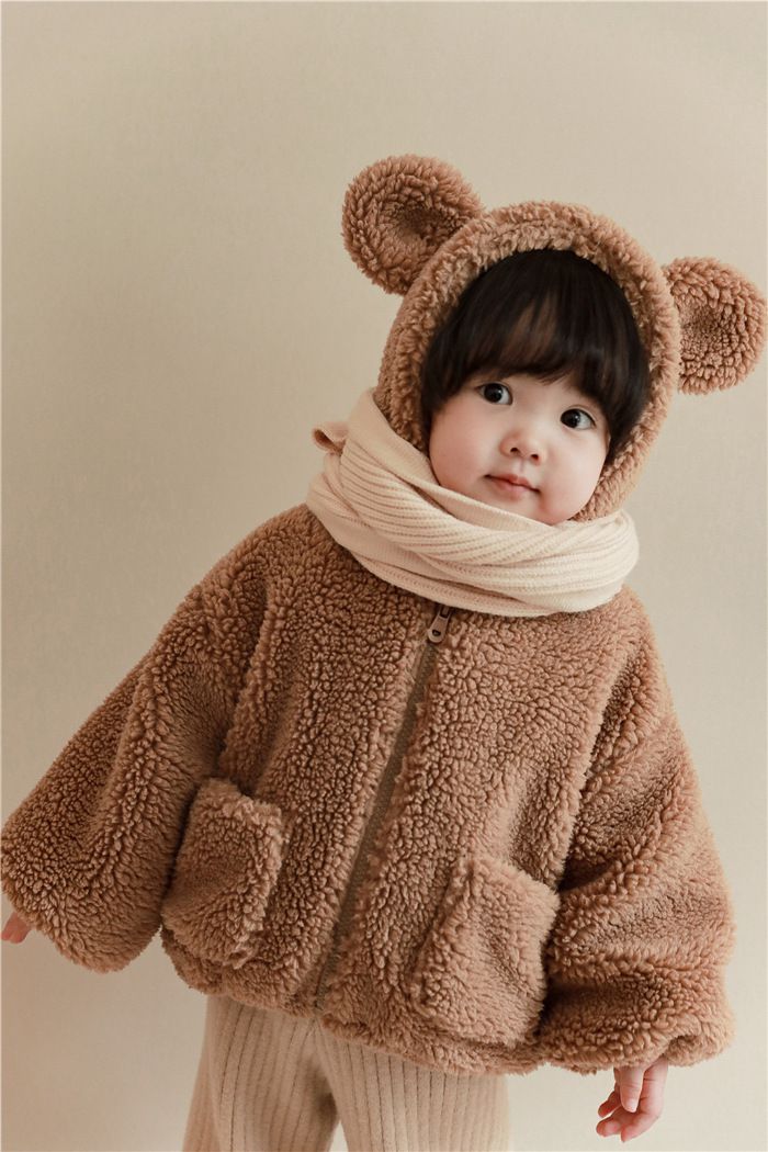 加厚連帽羊羔絨兒童造型外套-熊熊耳朵-米白色
