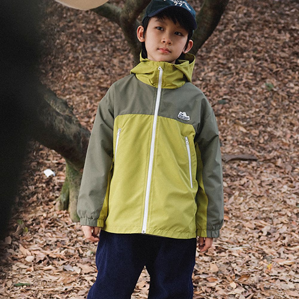 防風防水連帽衝鋒外套-內裡加絨-拼色黃綠