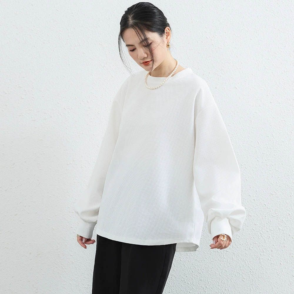 華夫格百搭澎澎長袖上衣-白色 (F)