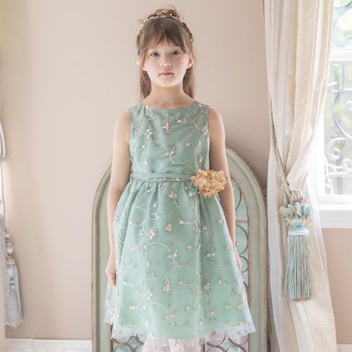 日本 Catherine Cottage - 精緻花朵刺繡薄紗洋裝/小禮服-附繡球花別針-薄荷綠