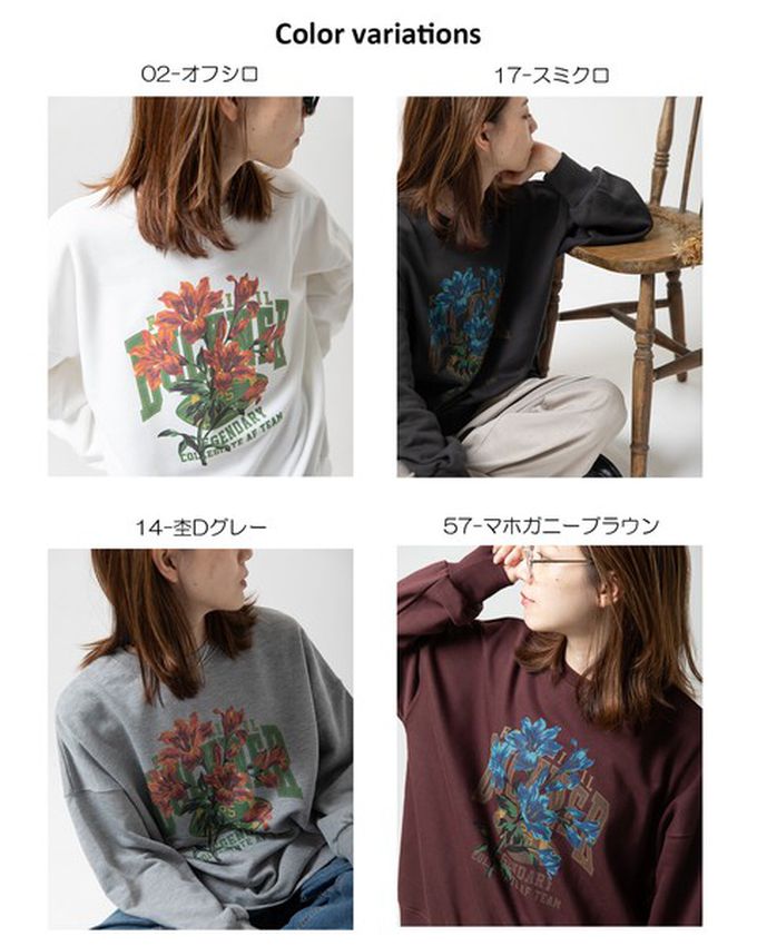 日本 gleam - 裏毛寬版學院風花卉大學T-紅棕