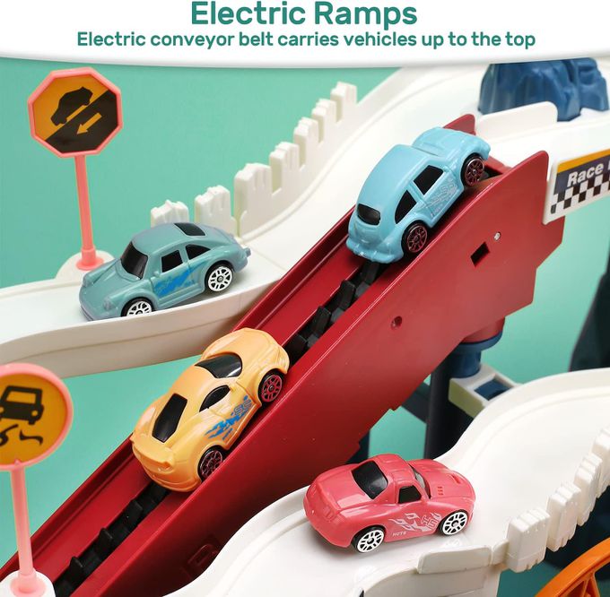 CuteStone - 交通世界 恐龍公園電動軌道 極速彎道組 (附小汽車)