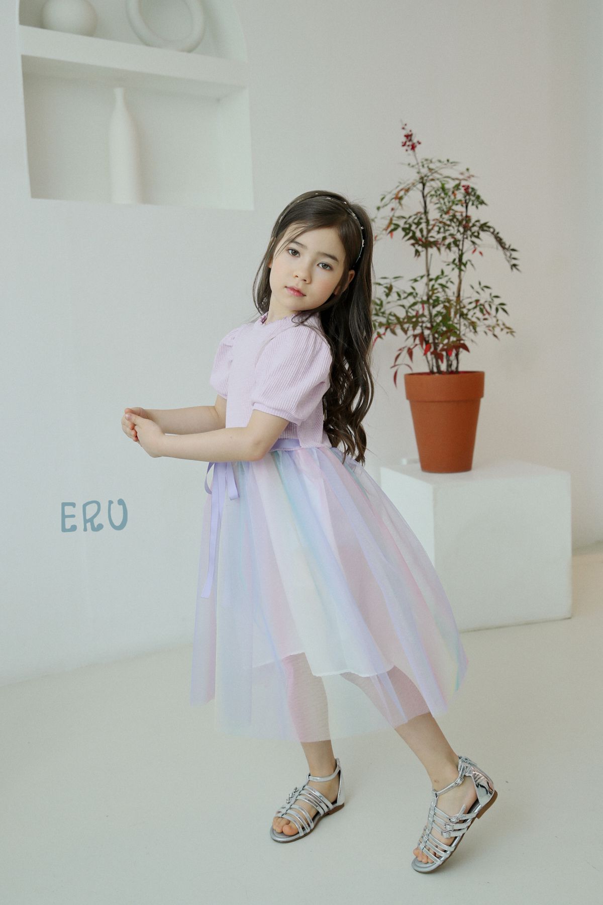 韓國 ERU - 夢幻彩虹漸層網紗洋裝-粉紅