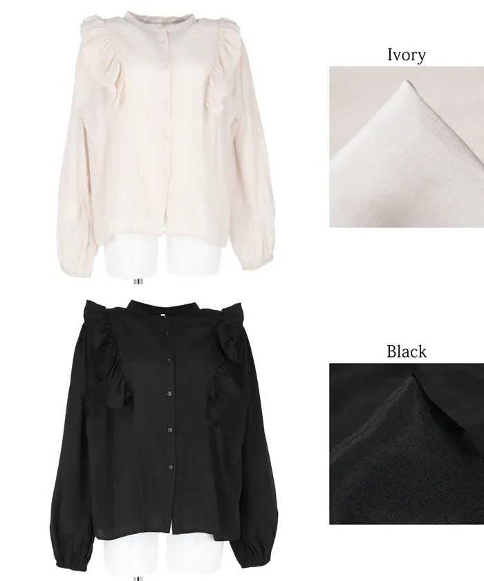 日本 COCA - 荷葉邊光澤緞面長袖襯衫-簡約黑