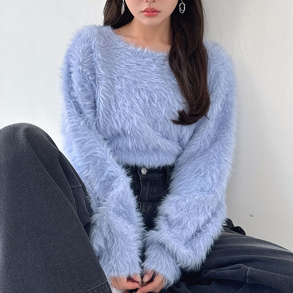 華麗毛茸茸短版針織上衣-藍 (F)