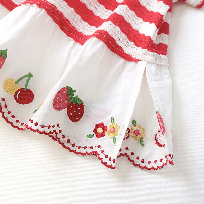 日本 ZOOLAND - 甜蜜草莓緹花條紋可愛刺繡上衣-紅