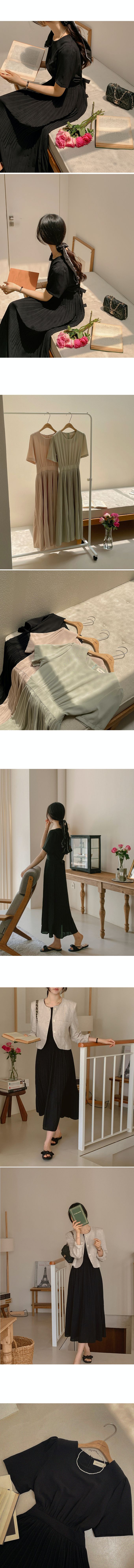 韓國女裝代購 - 優雅純色細褶裙擺綁帶洋裝-黑 (FREE)