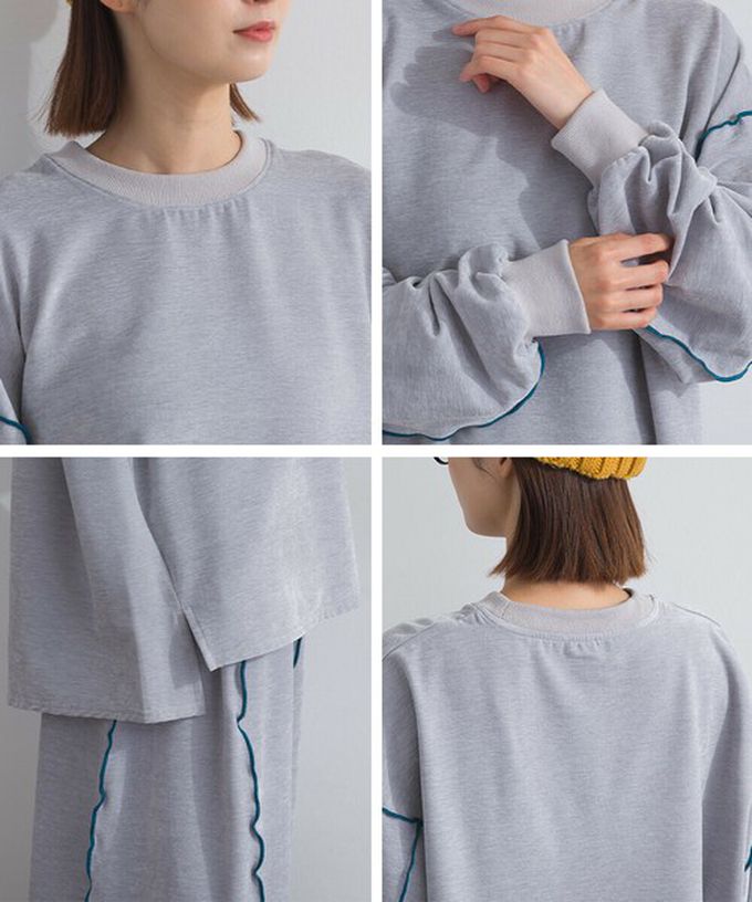 日本 Lupilien - 木耳縫線休閒絨面長袖上衣-淺灰