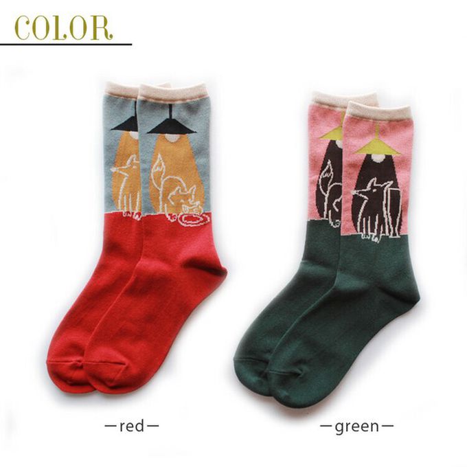 日本女裝代購 - 日本製 伊索寓言印花長襪-狐狸和鶴-藍綠 (23-25cm)