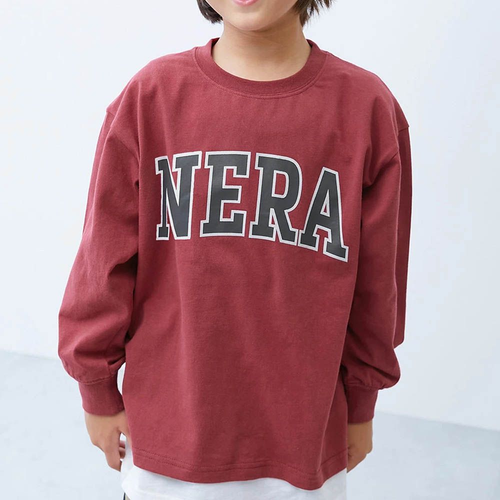 100%棉 定番印花寬版長袖上衣-NERA-酒紅