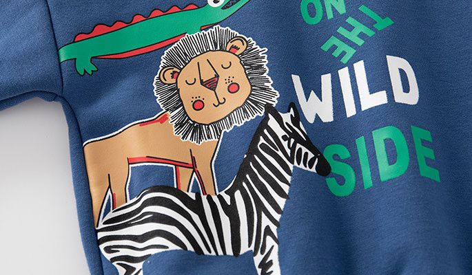 WELLKIDS - 加絨拼色圓領長袖上衣-動物散步-黃+綠