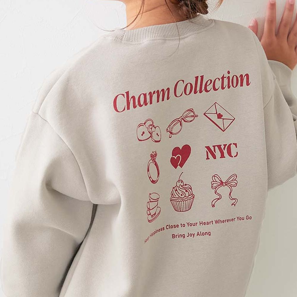 熱銷定番 裏起毛女孩印花大學長袖上衣-可愛小物-灰杏