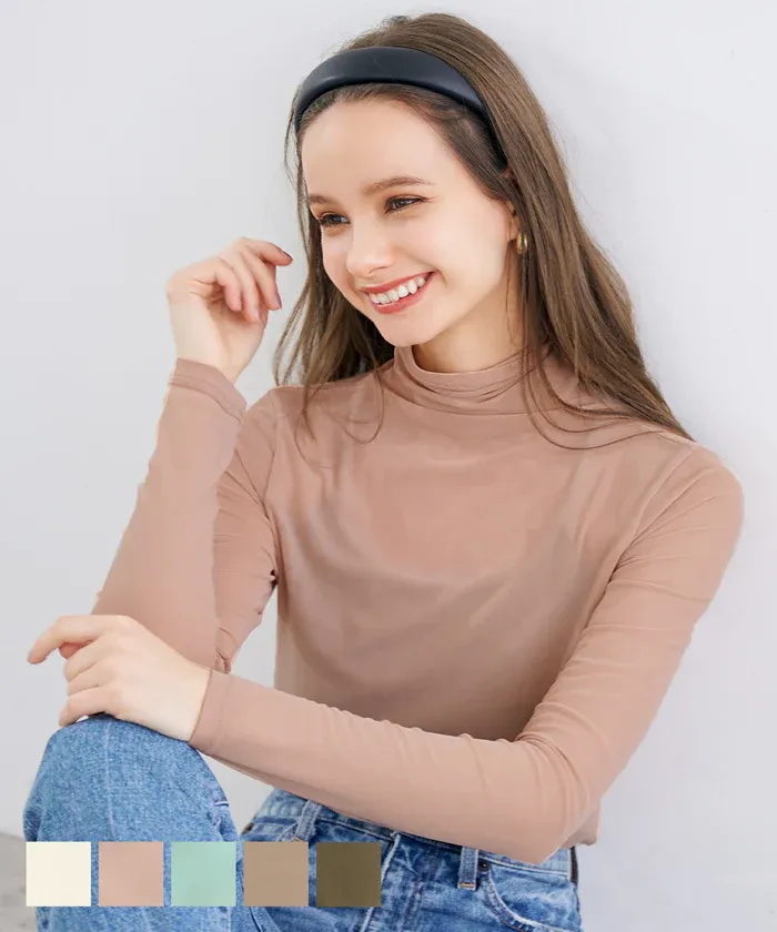 日本 COCA - 微透膚立領長袖上衣/內搭-深可可