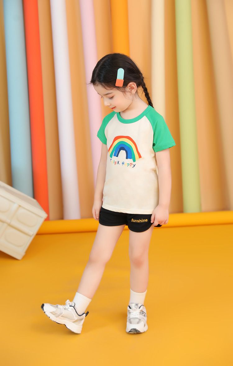 純棉短袖上衣-THINK HAPPY彩虹-米白+綠