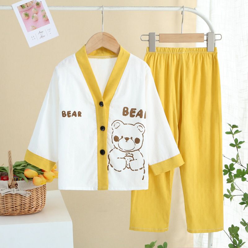 紗布棉開衫排釦長袖家居服套裝-太空人-白+藍