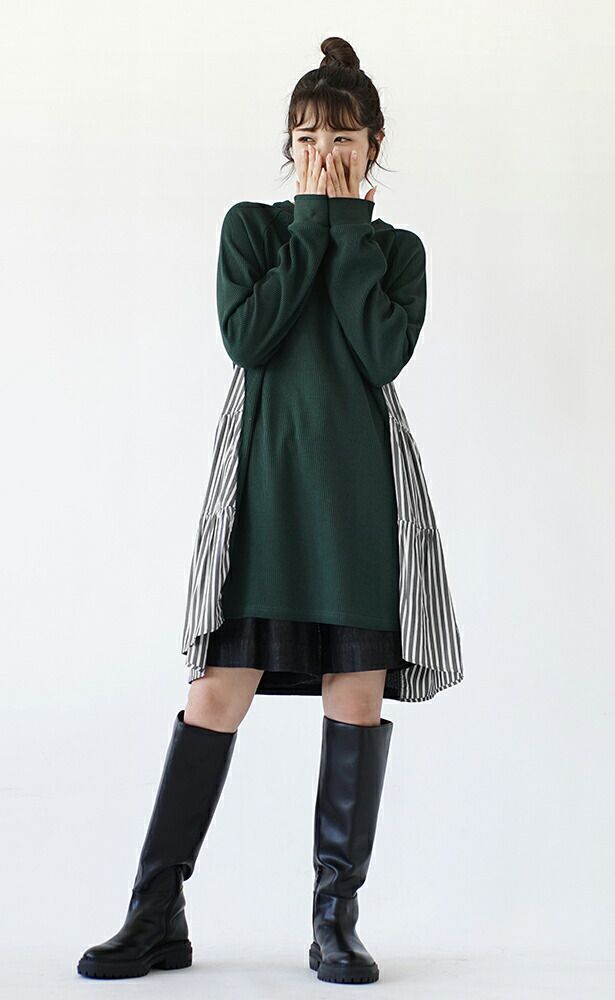 日本 zootie - 華夫格印花拼接長版上衣-深灰