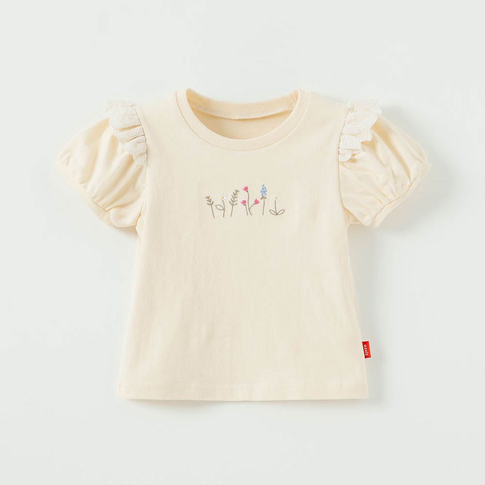 刺繡小花泡泡袖上衣-米黃