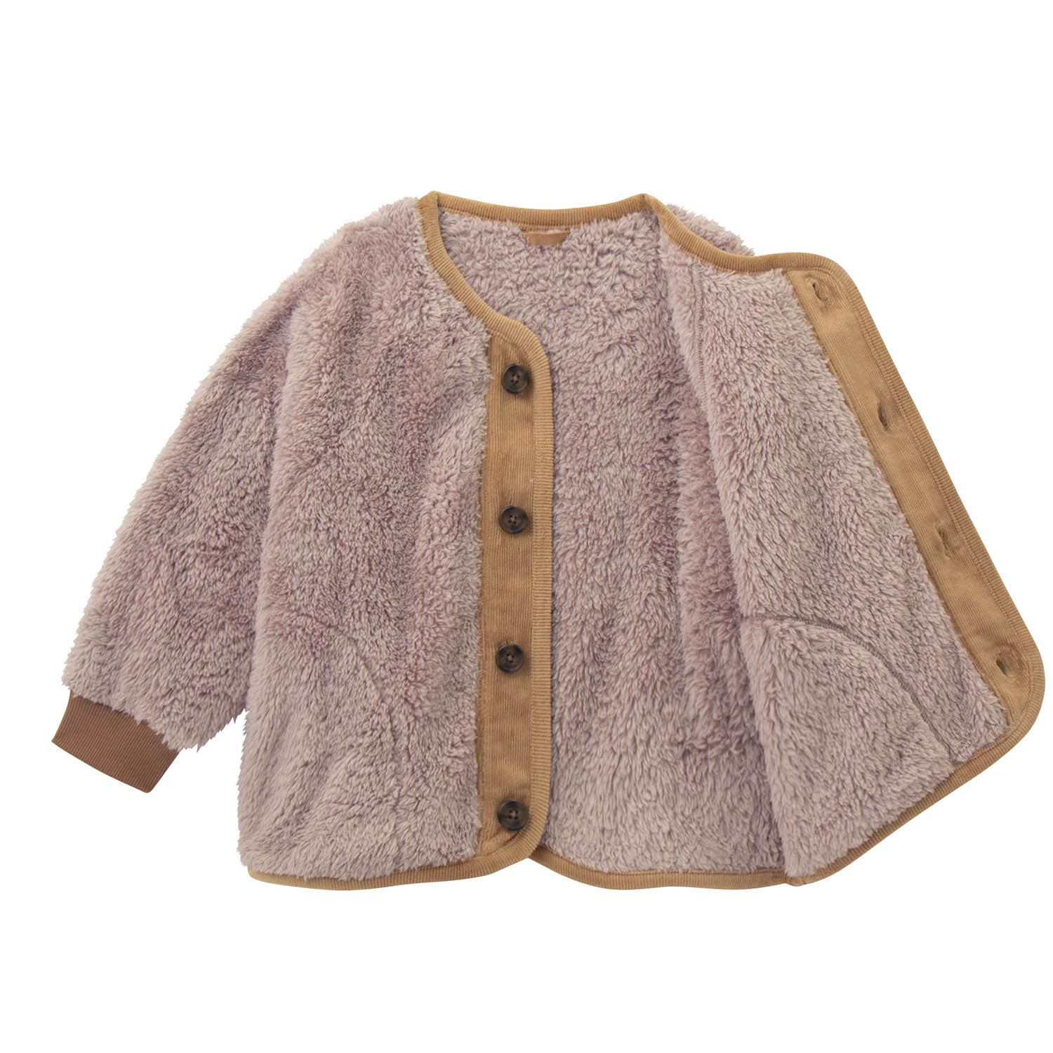 日本千趣會 - 燈芯絨拼接泰迪熊保暖外套-撞色-灰粉x卡其