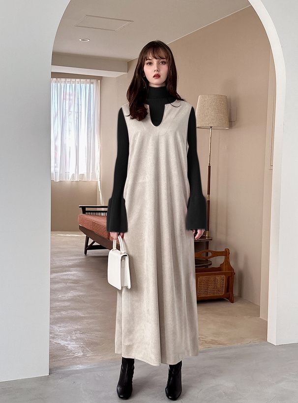 日本 GRL - 鑰匙領修身麂皮背心裙洋裝-黑