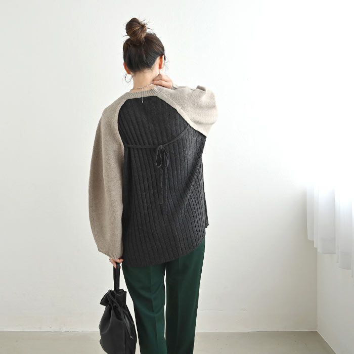 日本 ihuu - [熱銷款] 針織拼接後綁帶氣球袖毛衣-淺灰