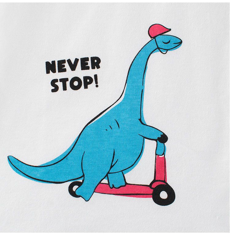 純棉圓領假兩件薄長袖上衣-滑板車恐龍-米白+藍