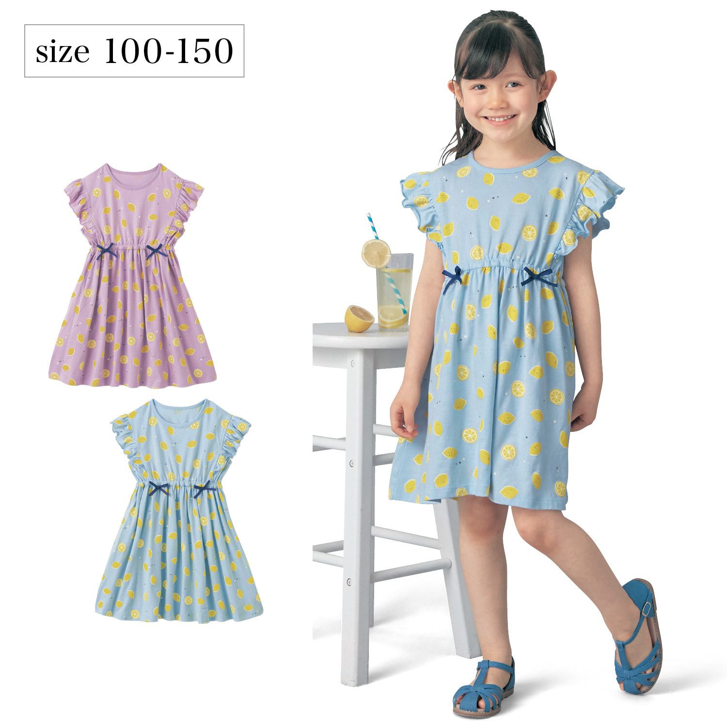 日本千趣會 - 清爽系檸檬印花荷葉袖洋裝-水藍