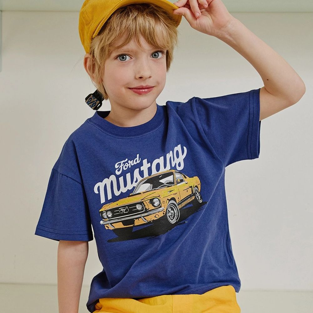 APPLE SMILE 美式復古汽車純棉短袖上衣-深藍