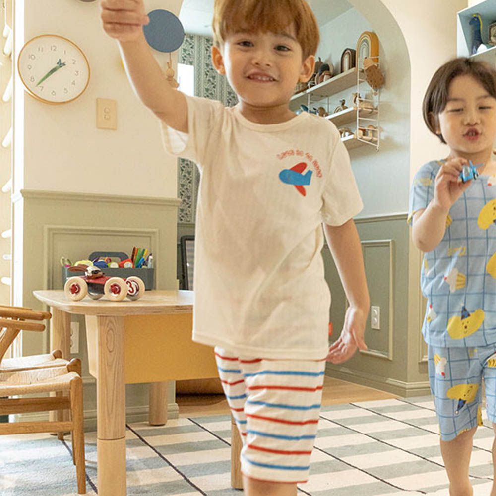 舒柔嫘縈羅紋短袖家居服-飛機X條紋-象牙白