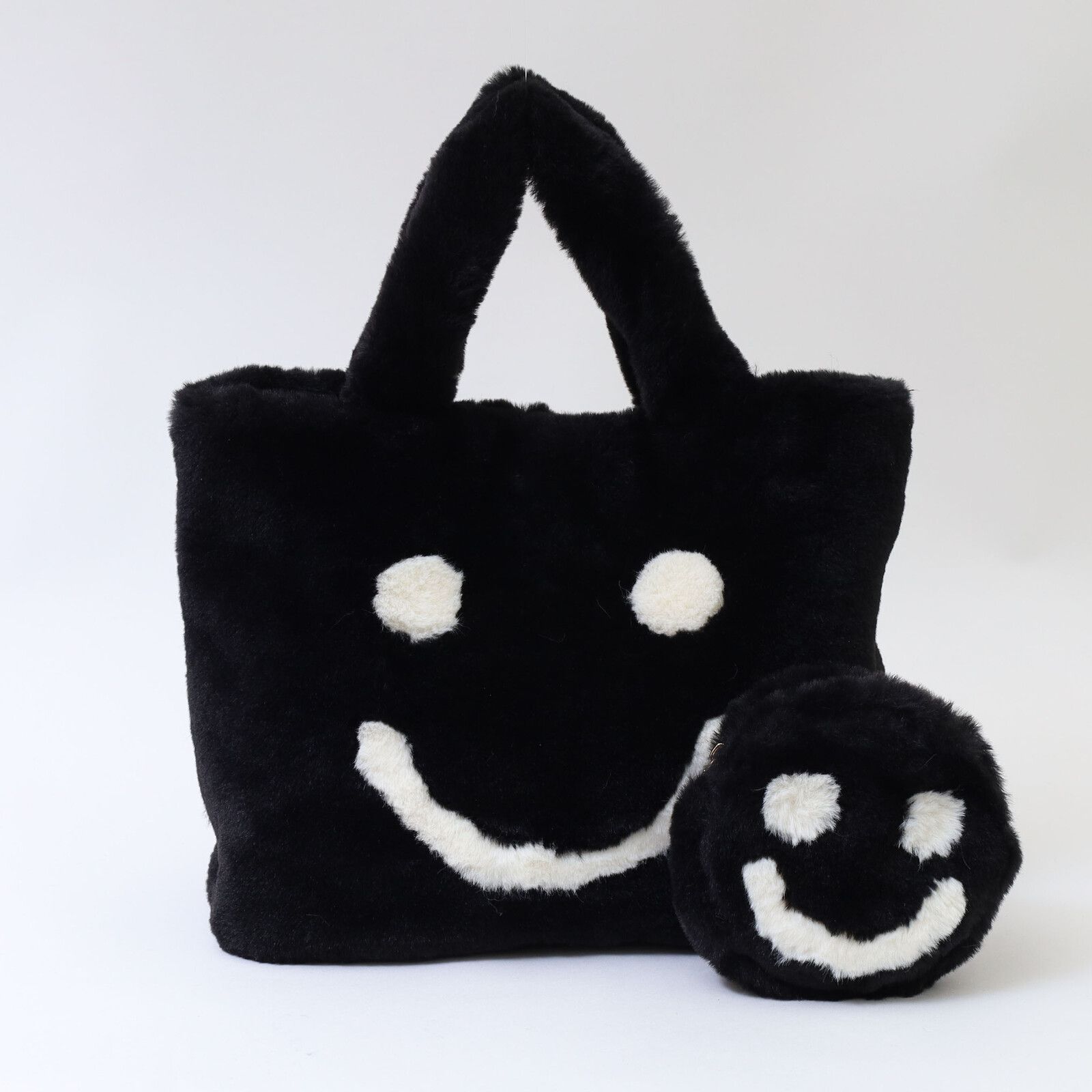 日本 COOCO - SMILEY聯名款 毛絨手提包/托特包(附小包)-芥黃 (W25*H23*D15cm)