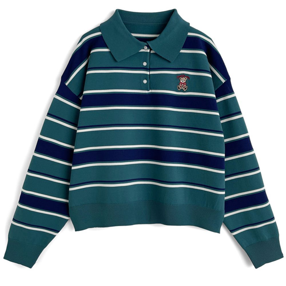 泰迪熊風格polo條紋針織上衣-藍綠系 (F)