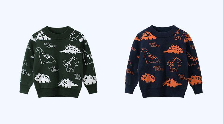 棉質針織長袖毛衣-線條恐龍樂園-深藍色