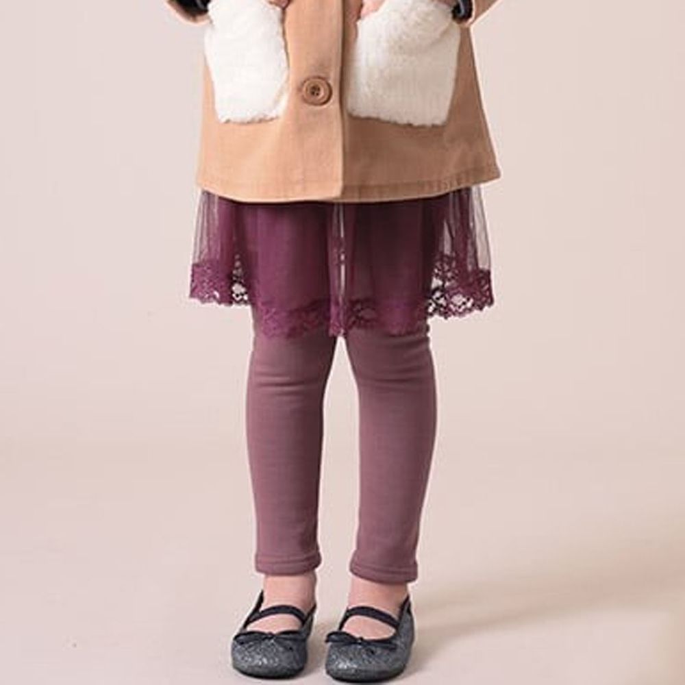 日本 TORIDORY - 極暖彈性裏起毛內搭褲裙-薄紗蕾絲-深紫