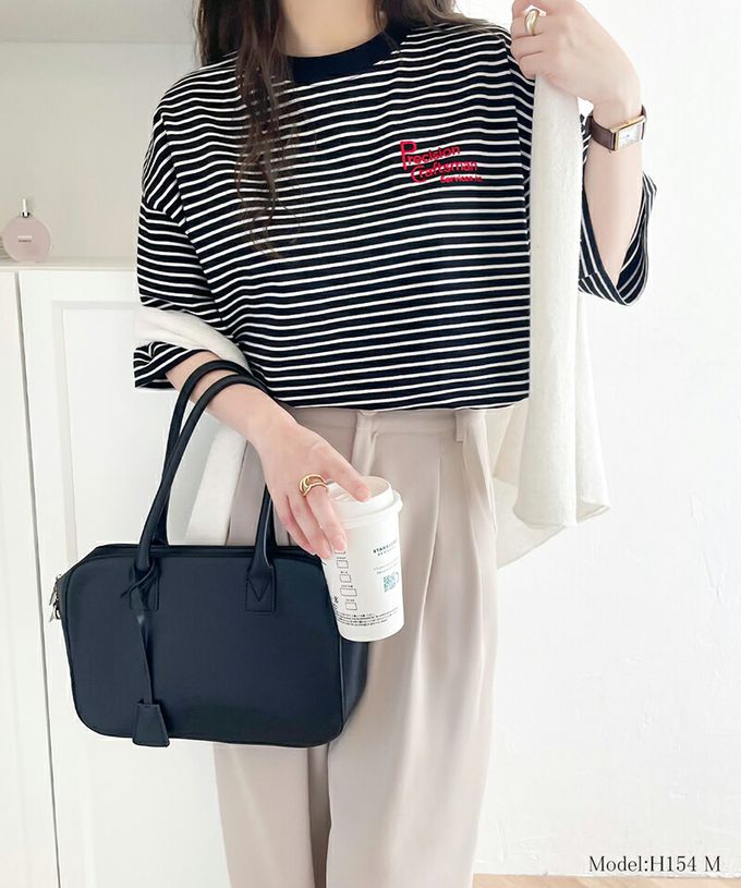 日本 Classical Elf - 100%棉 胸前logo點綴短袖上衣-黑白條紋