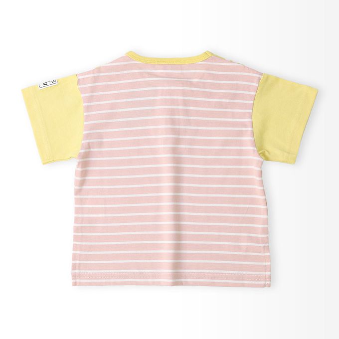 日本 ZOOLAND - 水果造型領天竺棉短袖上衣-檸檬條紋-粉紅x白