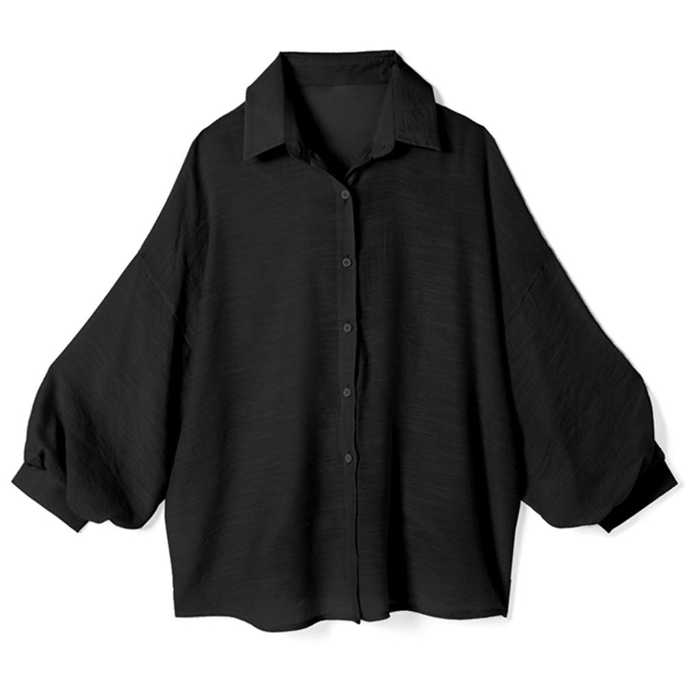 日本 GRL - 嫘縈混透膚澎澎長袖襯衫/薄外套-黑