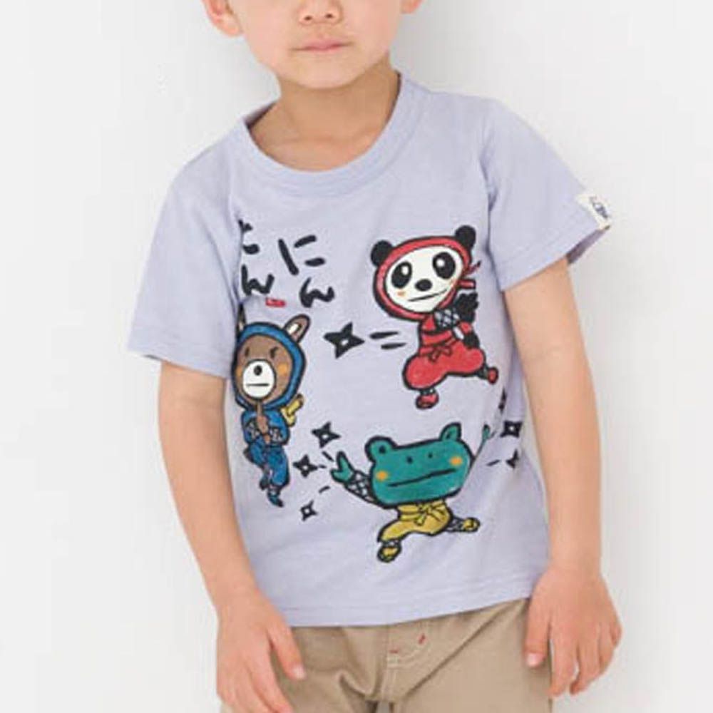 和風印花純棉短袖上衣-忍者變身-藍紫